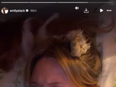 Emily Atack brinca que ‘sente falta de uma noite só’ enquanto divide a cama com o noivo que ronca, Alistair Garner, e sua cadela, Penelope