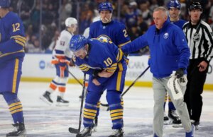 Sabres F Sam Carrick (braço) pode treinar na terça-feira
