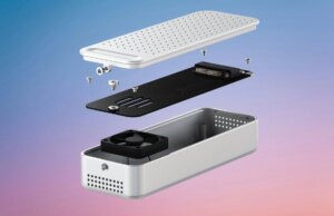 Este gabinete SSD compacto possui resfriamento ativo para sustentar velocidades de 80 Gbps pelo tempo que você precisar