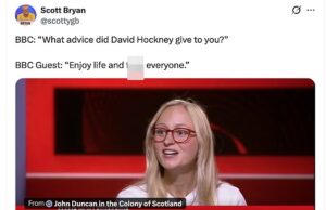 Momento convidado da BBC lança bomba F ao vivo na TV durante homenagem a David Hockney após a morte do artista aos 88 anos, forçando um pedido de desculpas do apresentador