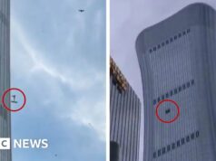Detritos caem após avião atingir o prédio mais alto de Pequim