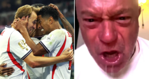 Ross Kemp literalmente baba em sua camisa da Inglaterra comemorando os gols de Jude Bellingham